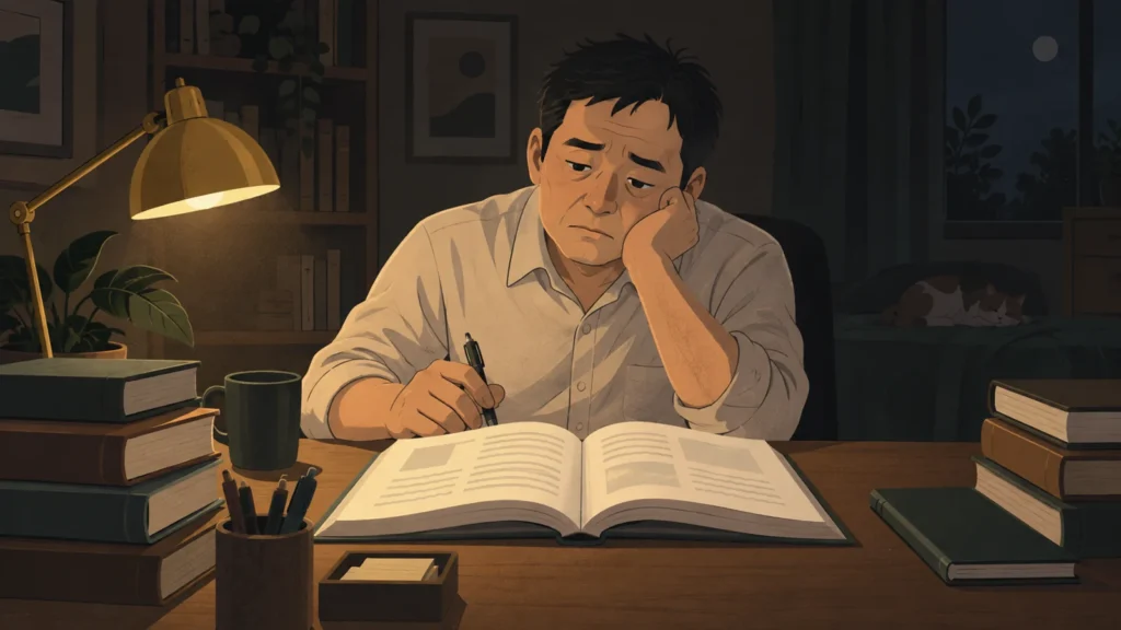 深夜、机に向かうが手が止まっている男性、開いた参考書