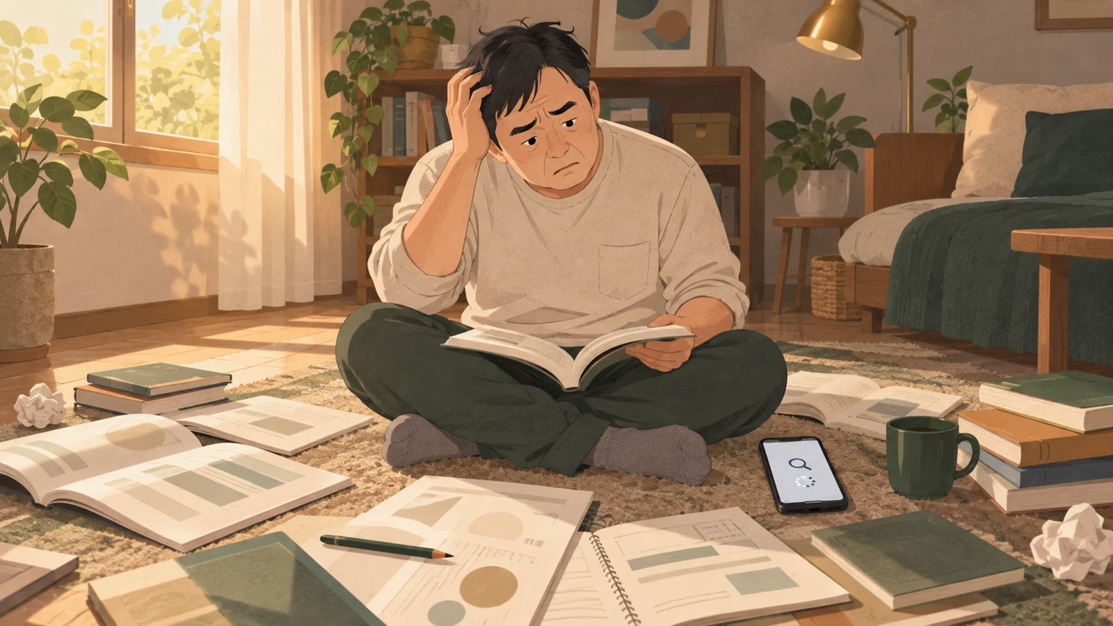 参考書に囲まれ、頭を抱えて悩む勉強初心者の男性