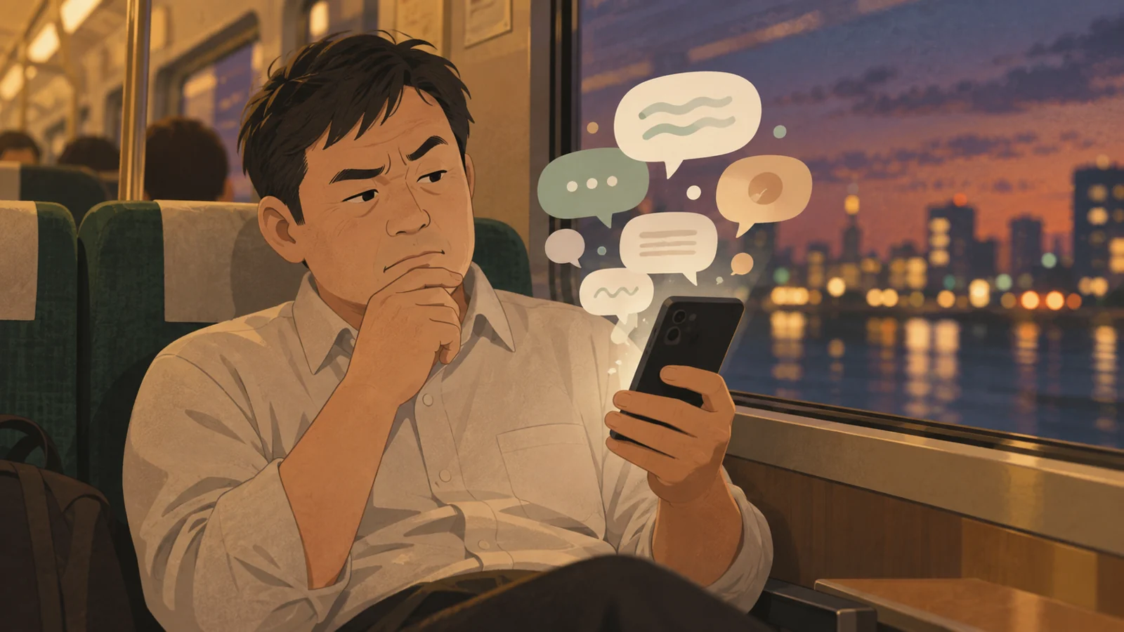 電車内でスマートフォンの投稿を眺め、困惑する男性