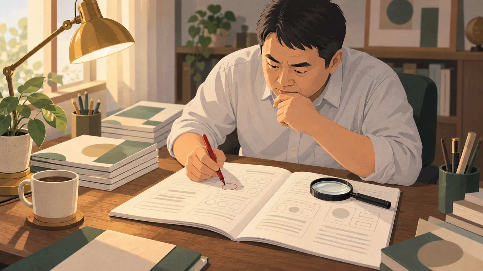 過去問の参考書に赤ペンで印をつけ、集中する男性