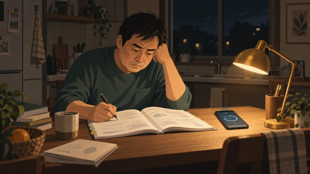 深夜の台所で参考書を開き、疲れた表情で勉強する男性