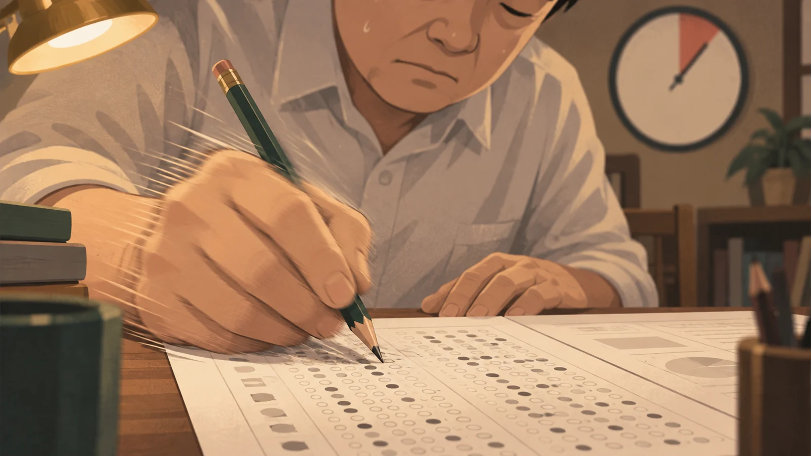 急いでマークシートを塗りつぶす手元と壁の時計