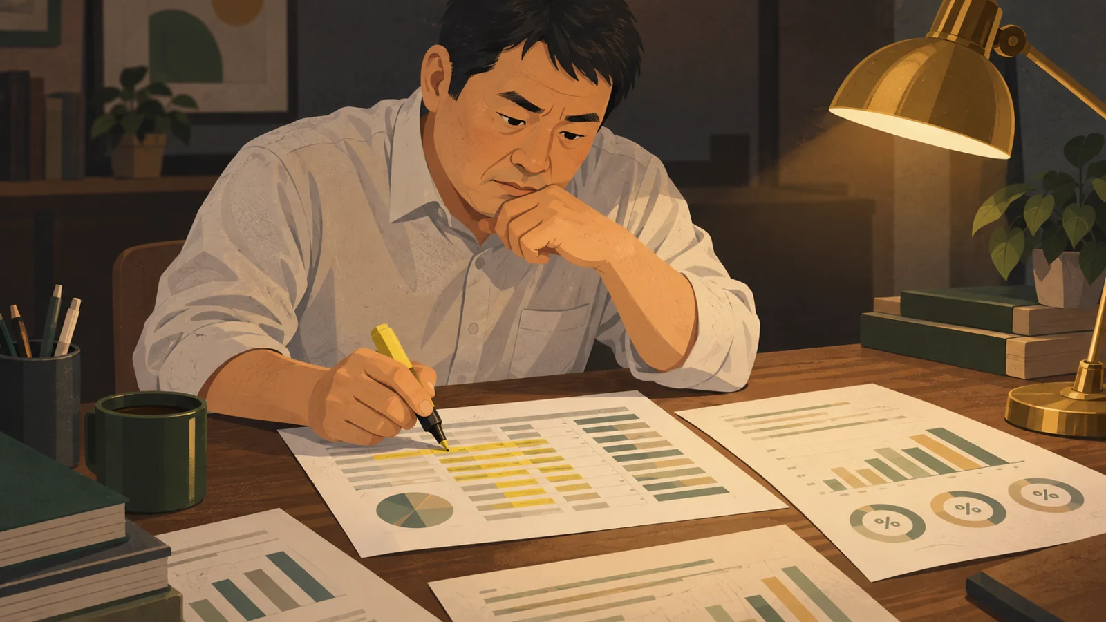 成績表の行を蛍光ペンで確認する男性の手元