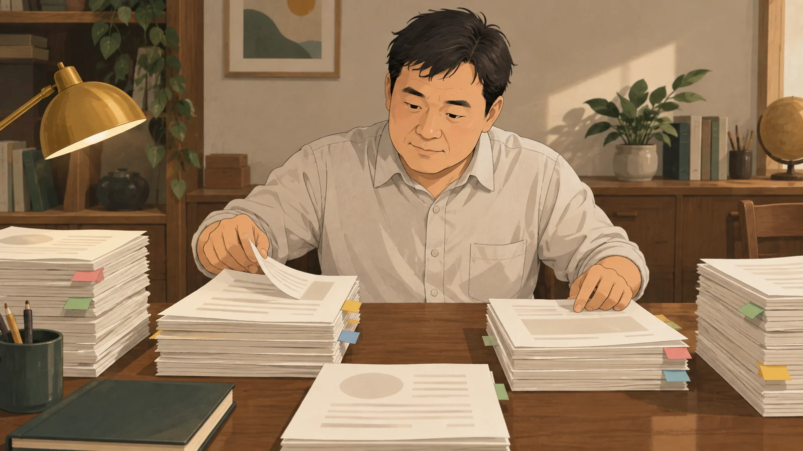 複数の問題の束の間で手を行き来させる男性