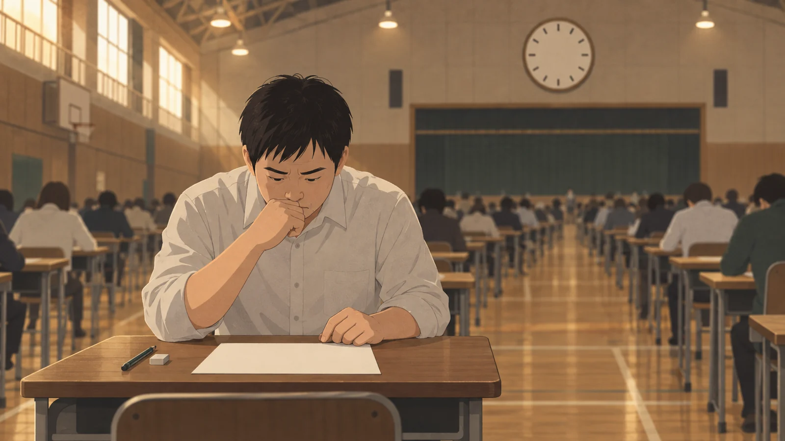 体育館のような試験会場で固まっている受験生時代の男性