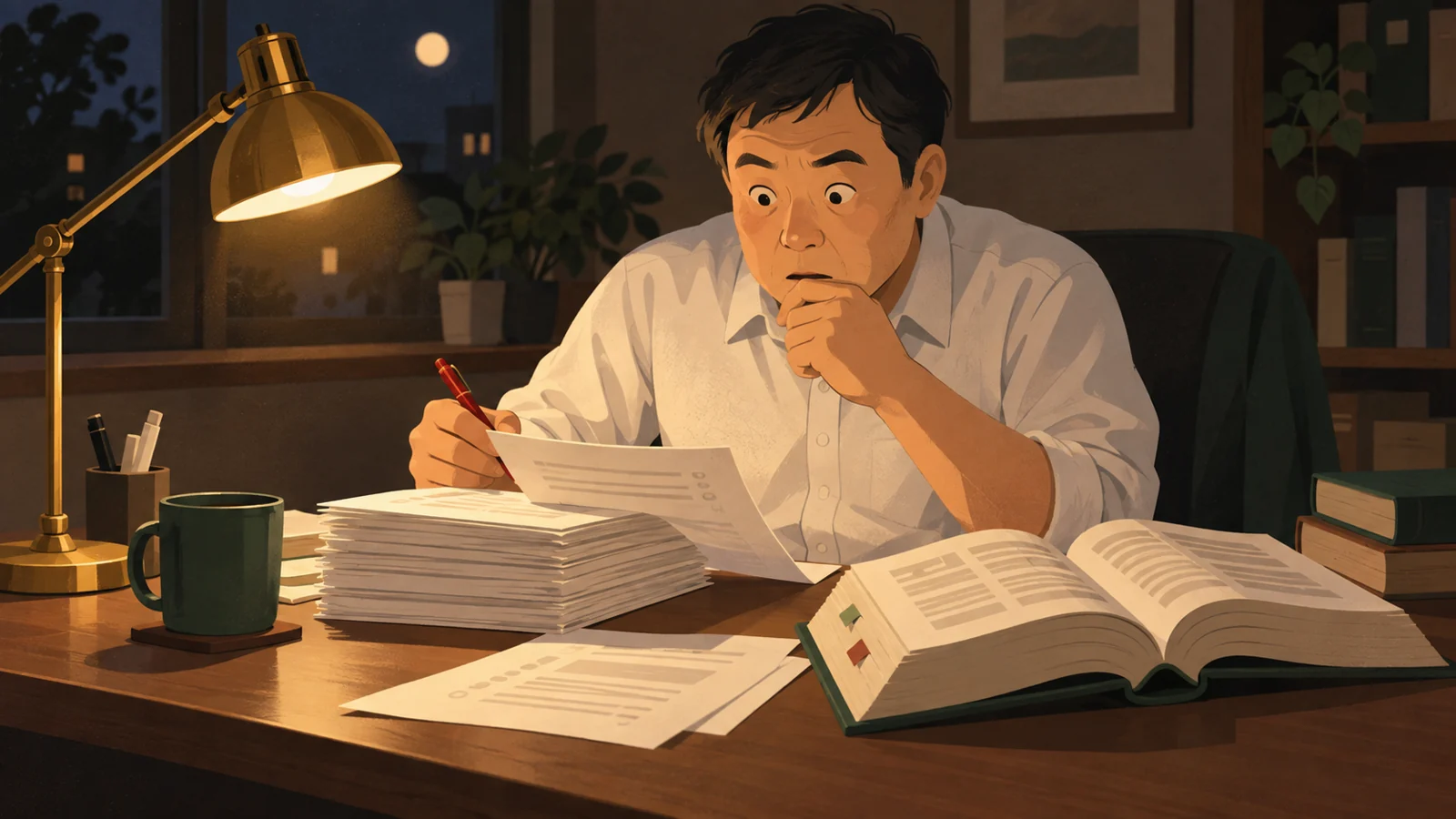 深夜、模試の答案を復習しながら気づいた表情を見せる男性