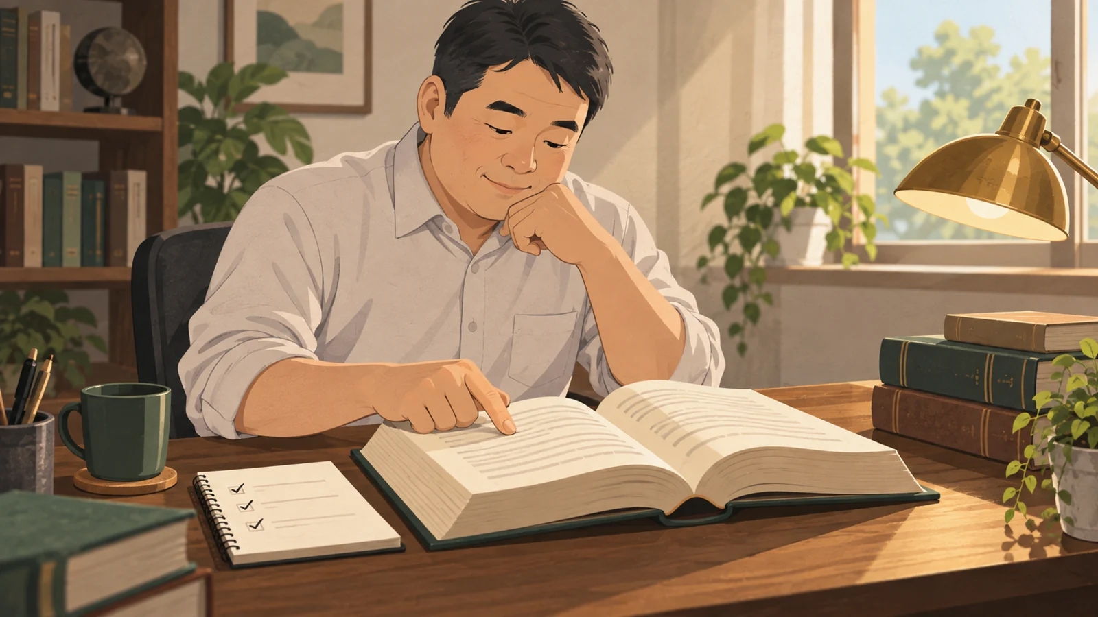 六法の条文を指でたどりながら読み込む男性