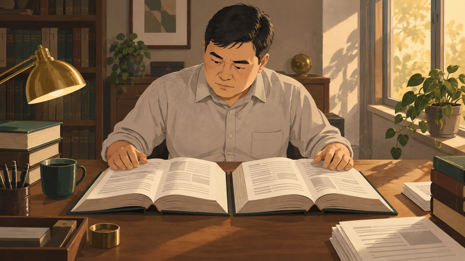 二冊の六法を見比べながら条文を確認する男性