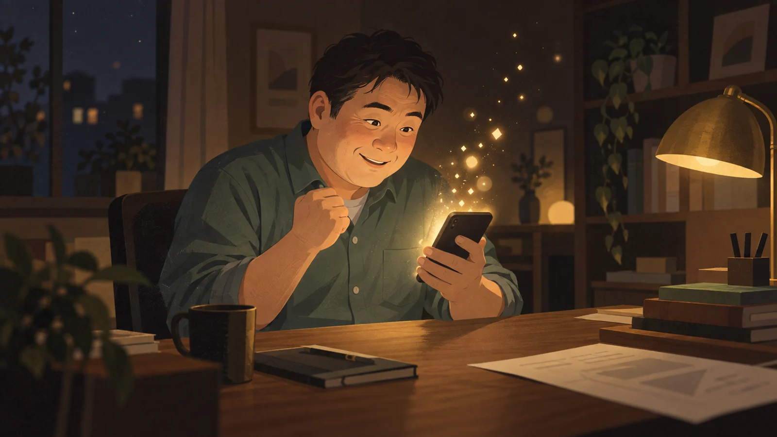 スマホの光を浴びながら高揚した表情を見せる男性