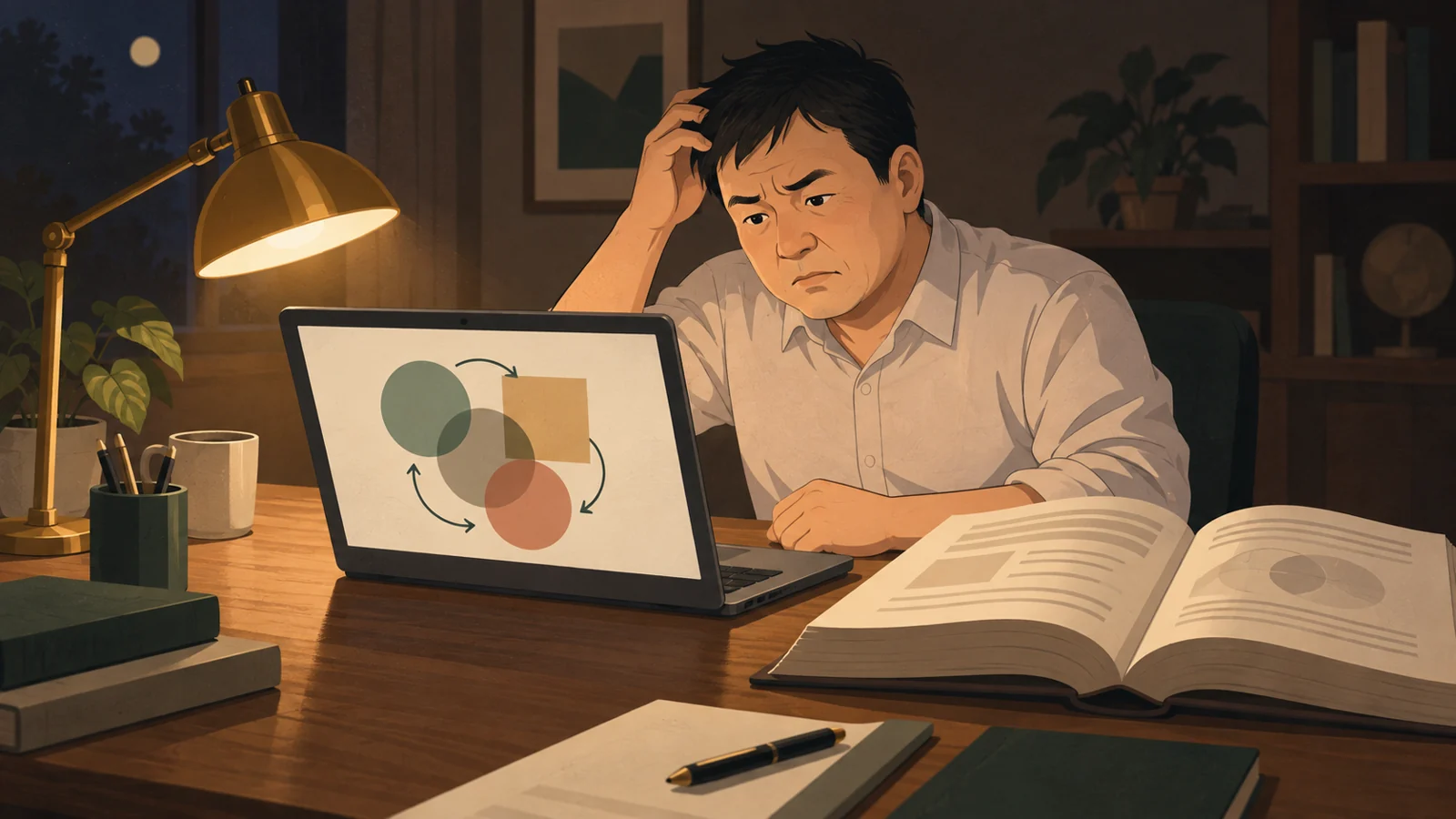 難しい問題を理解しようとパソコンの図を見つめる男性