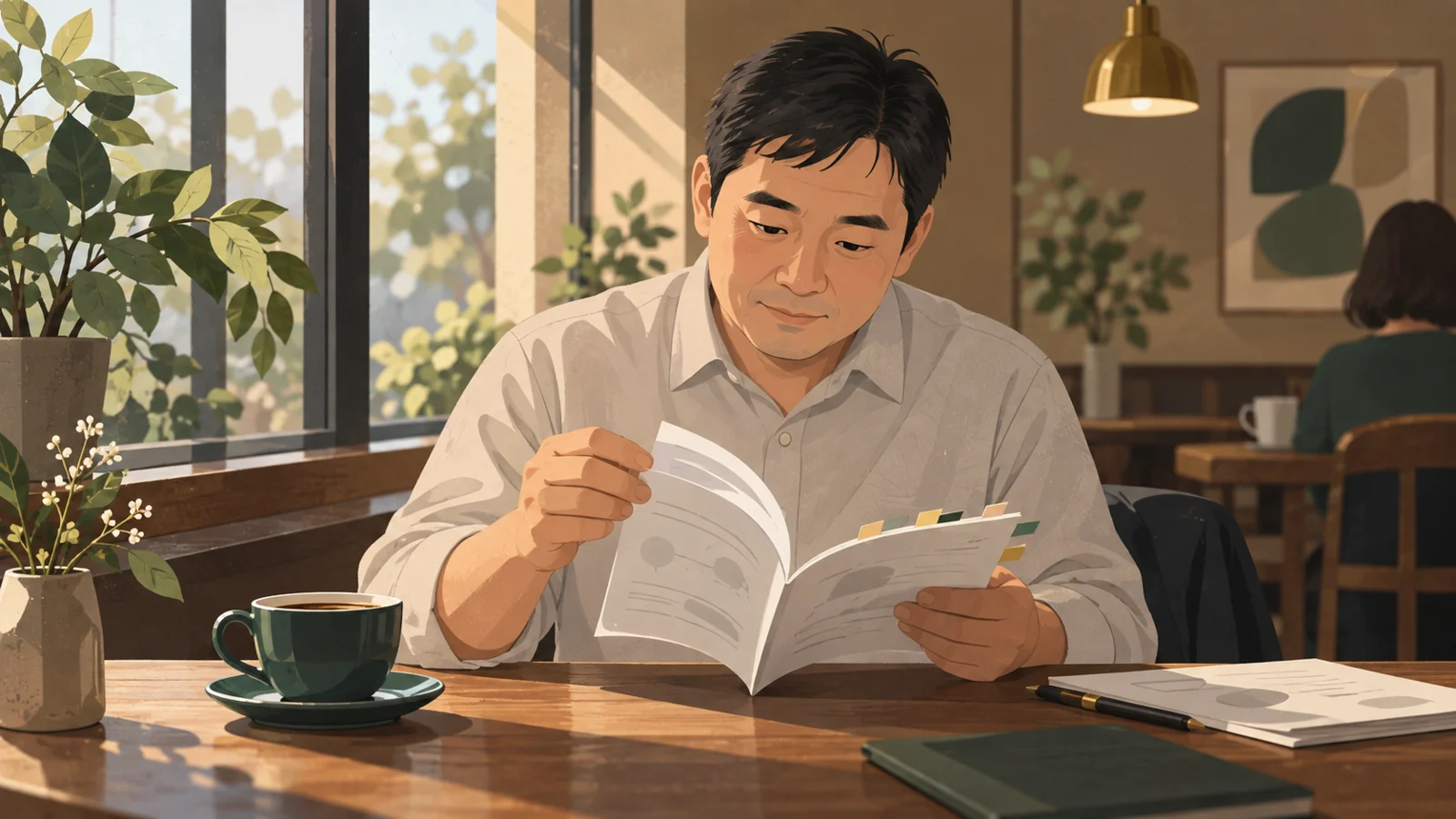 付箋を貼った問題集をめくりながら確認する男性