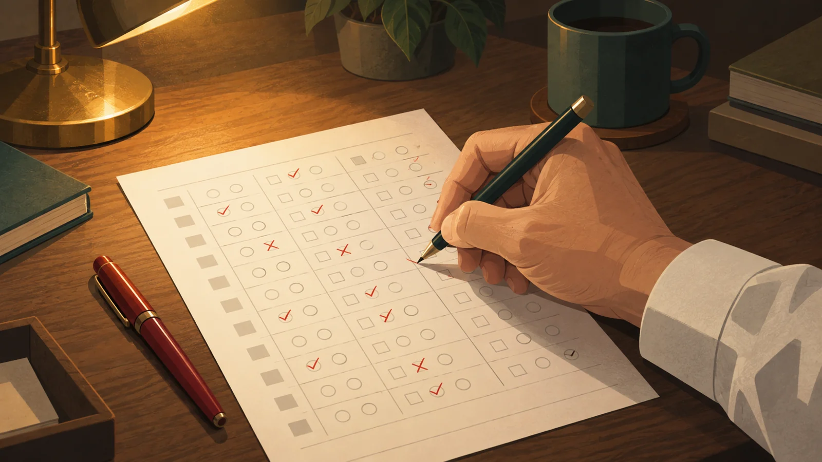 模試の解答用紙に丸と×を付けている手元
