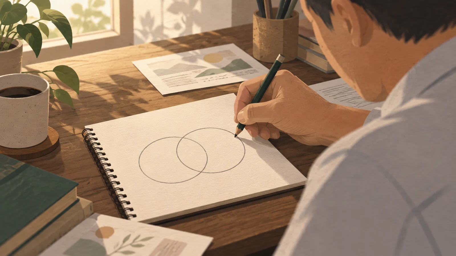 ノートに二つの輪を重ねて描く男性の手元