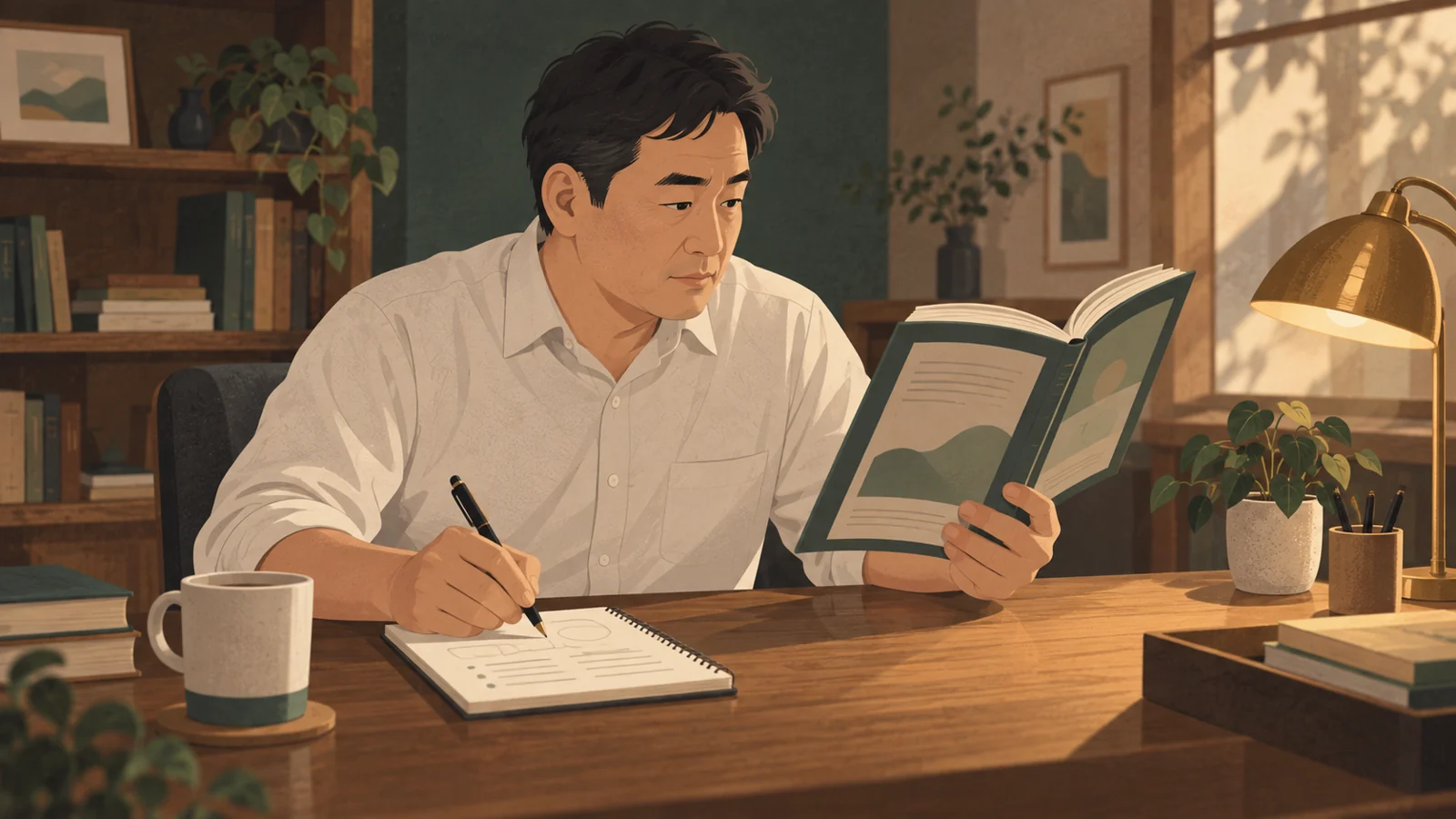 テキストを読みながら手元のノートに書く男性