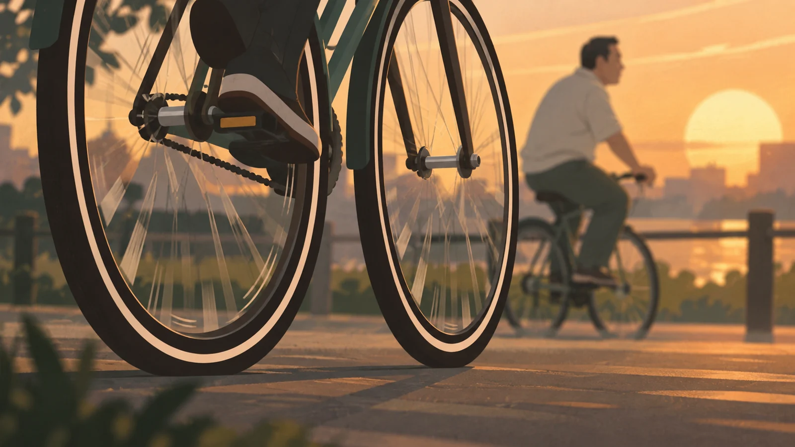 夕暮れに回転する自転車の二つの車輪
