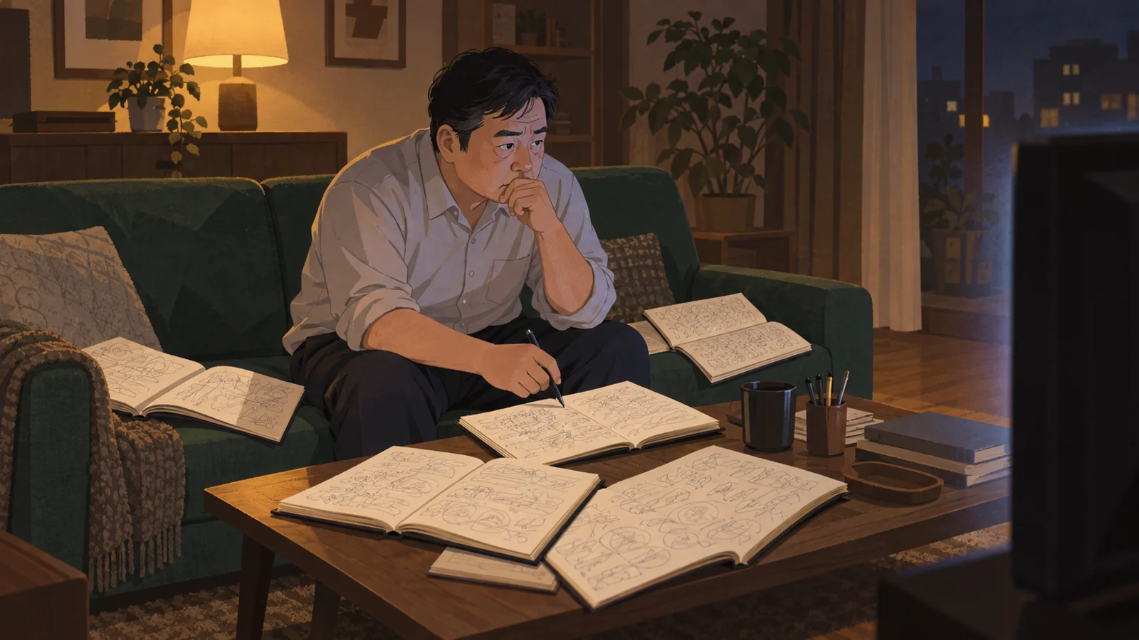 夜、テレビの光の中でノートにびっしり書き込む男性