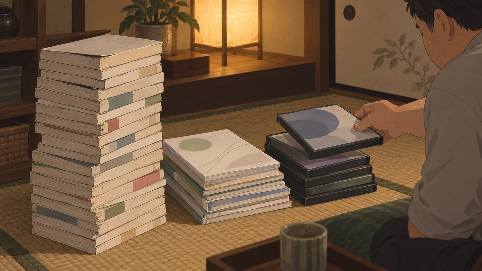使い込まれた漫画の山と問題集、DVDケースの山