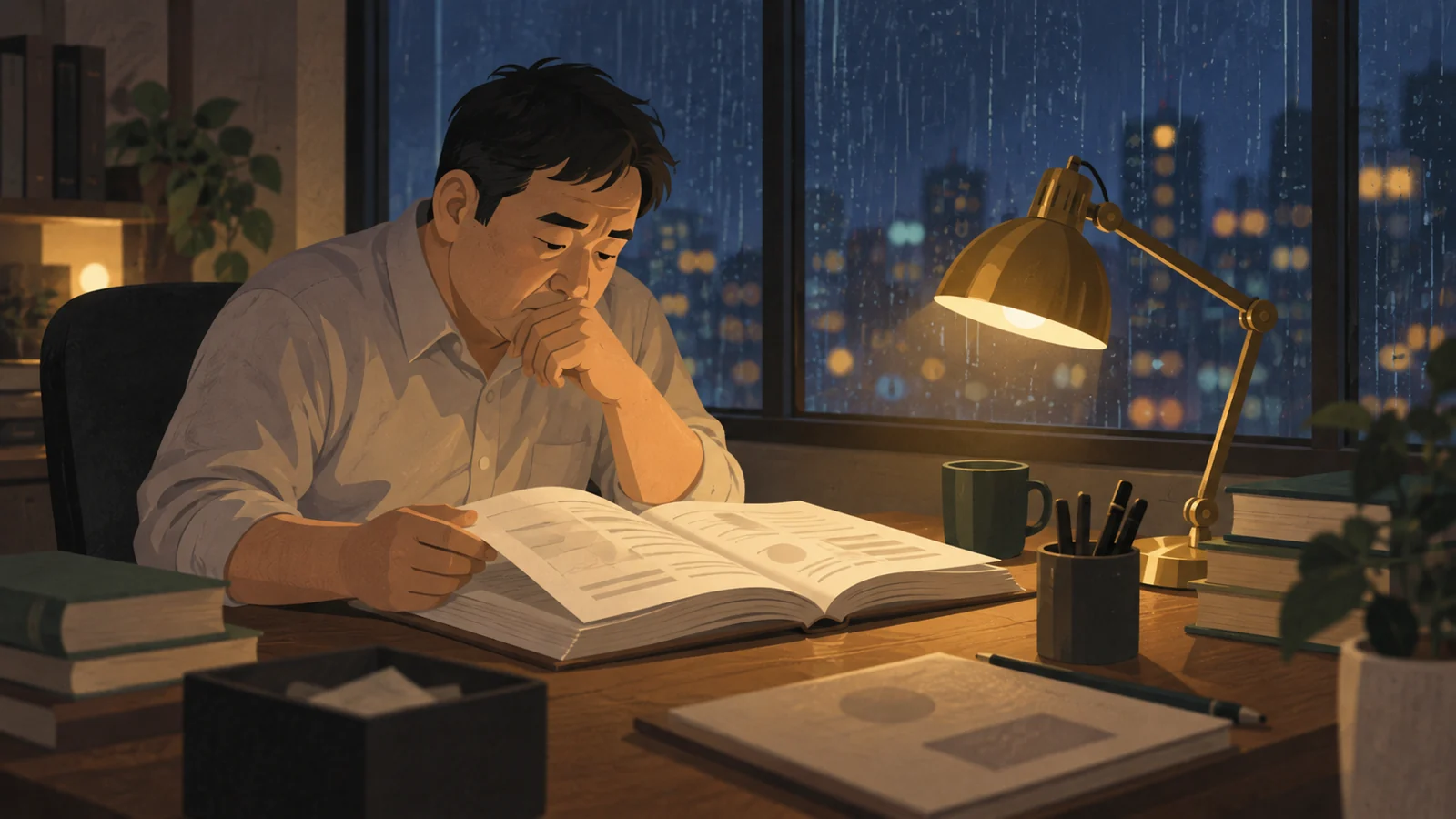 雨の降る夜、事務所でひとり問題集を読む男性