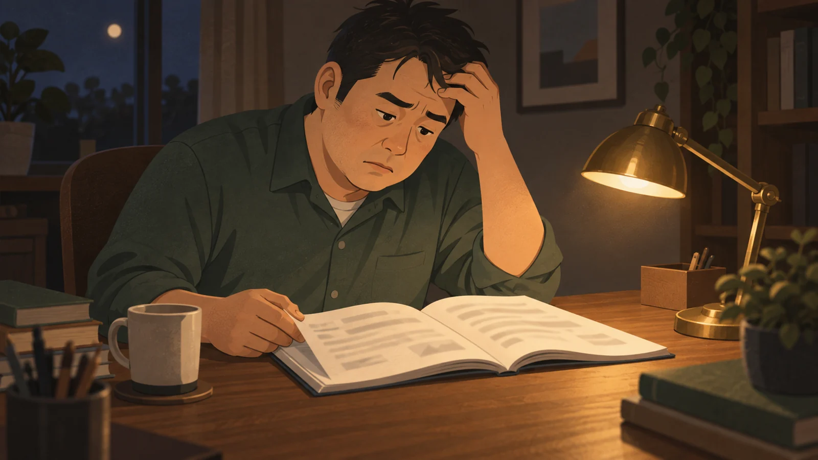 夜、問題集のページを難しい顔で読む男性
