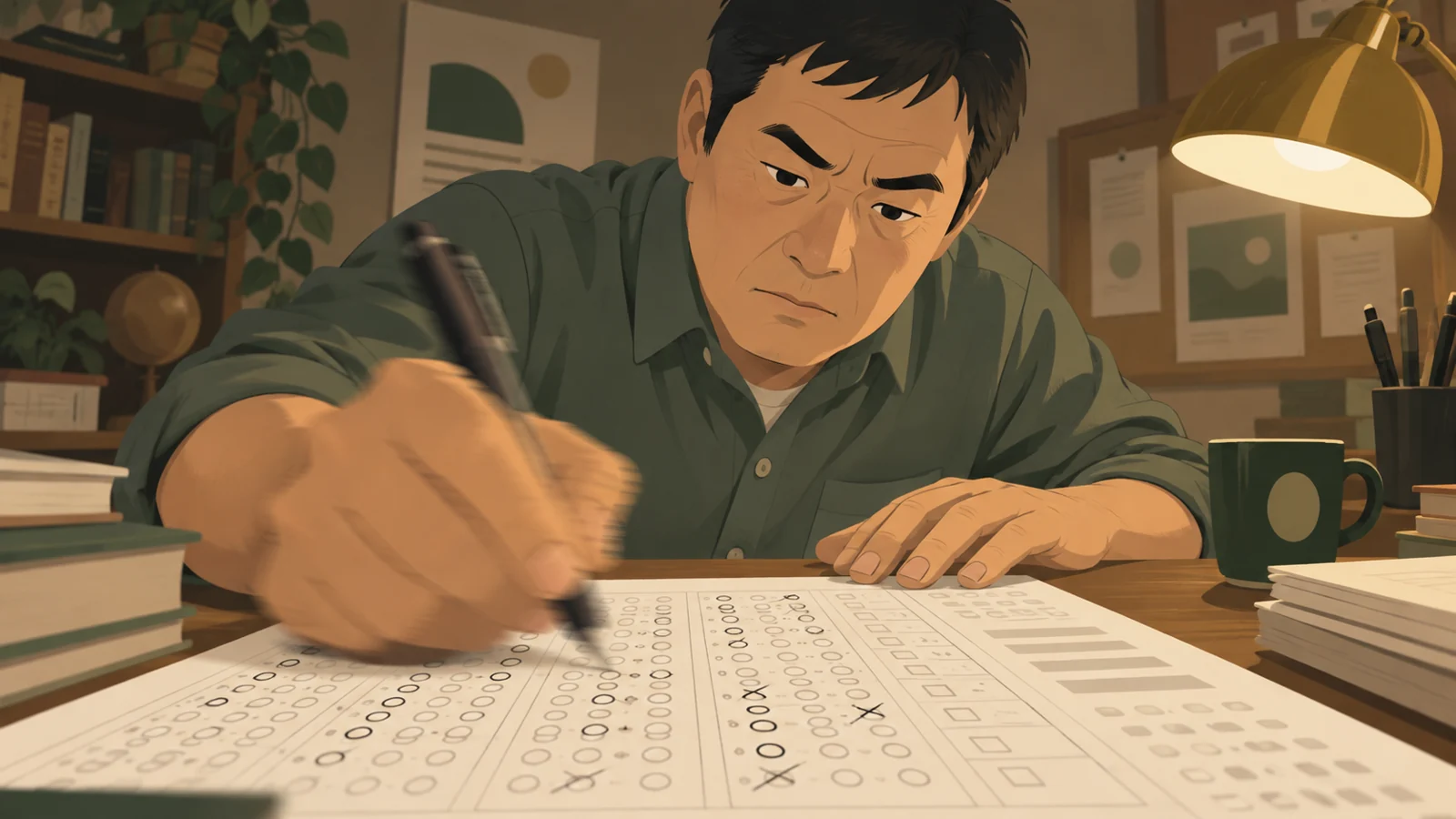 素早く○×の印をつける男性の手元