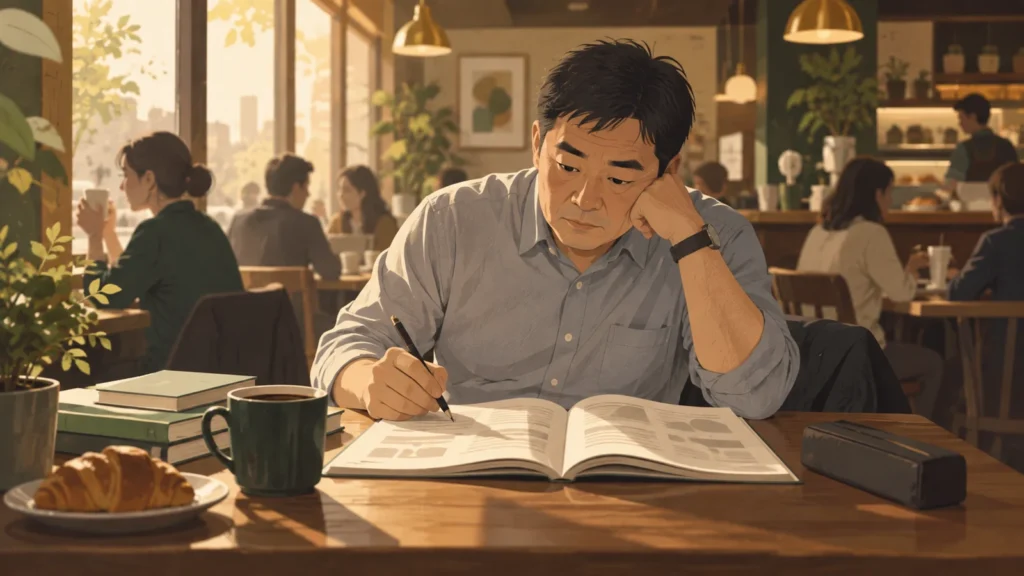混み合うカフェで問題集を開き勉強する男性