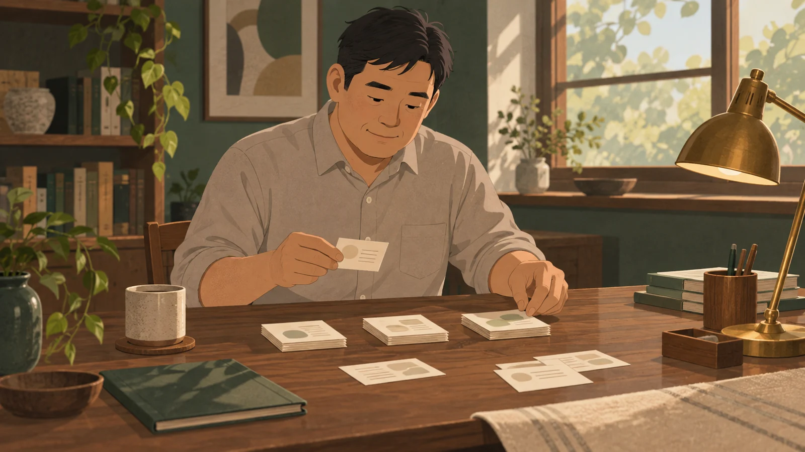 机の上でカードを少しずつ束に分けて整理する男性