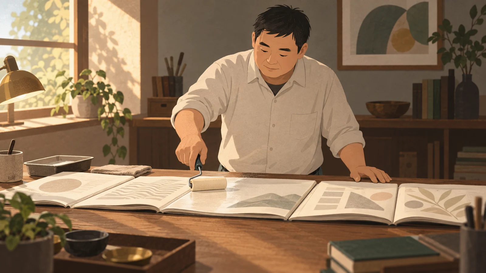 何冊もの本の上を均等にローラーでなでていく男性