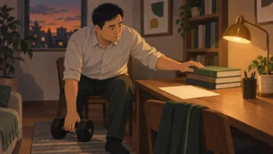 自宅の一角で、ダンベルと法律書の両方に手を伸ばす男性