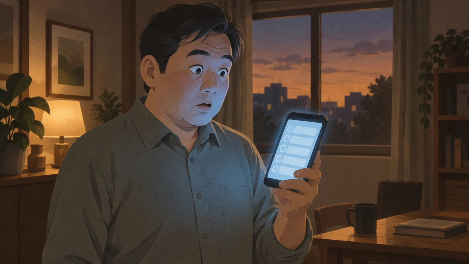 スマートフォンの質問リストを見て驚く男性