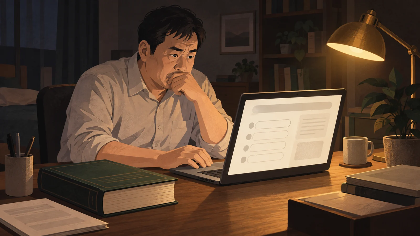 夜、机でノートパソコンの質問リストに向き合う男性