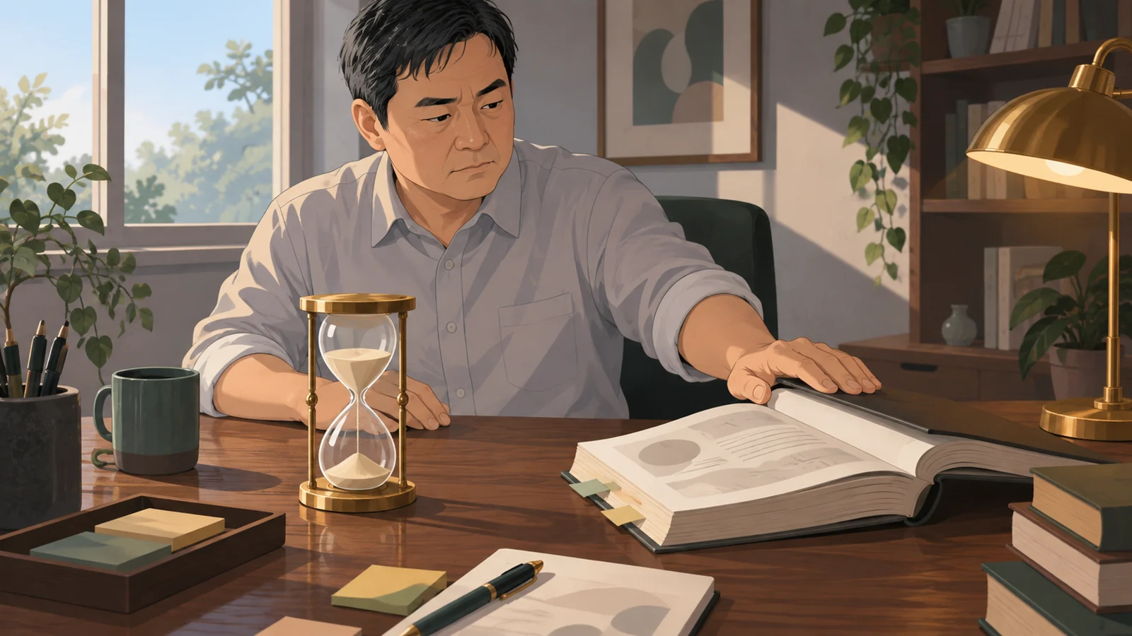 砂時計を机に置き、参考書を区切りよく閉じる男性