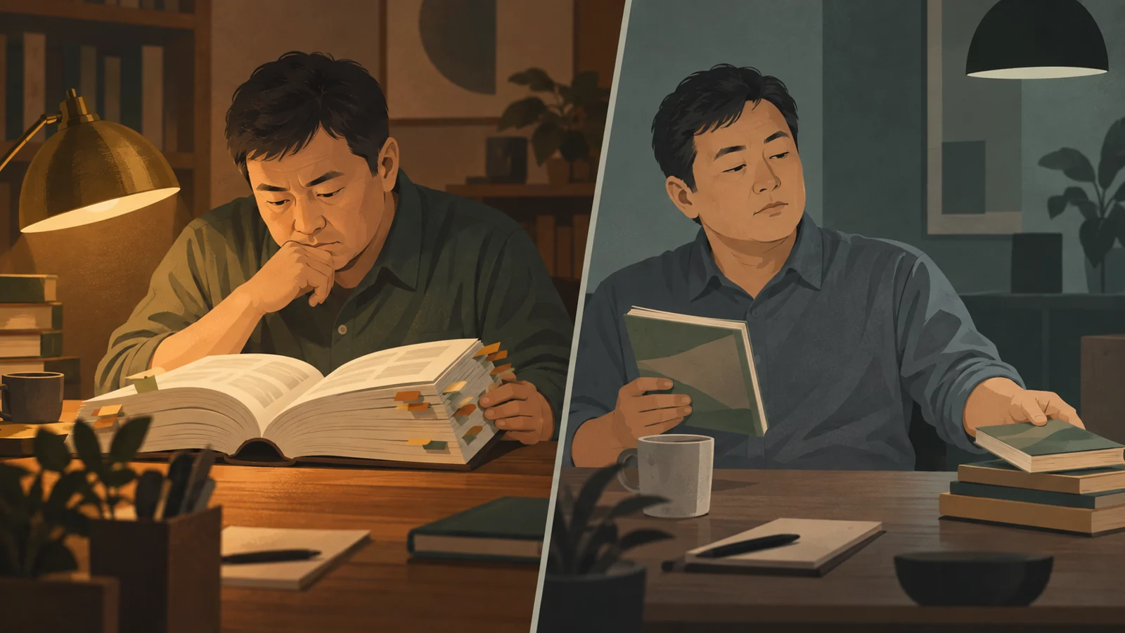 深く読み込む本と軽く済ませる本を対比するイメージ