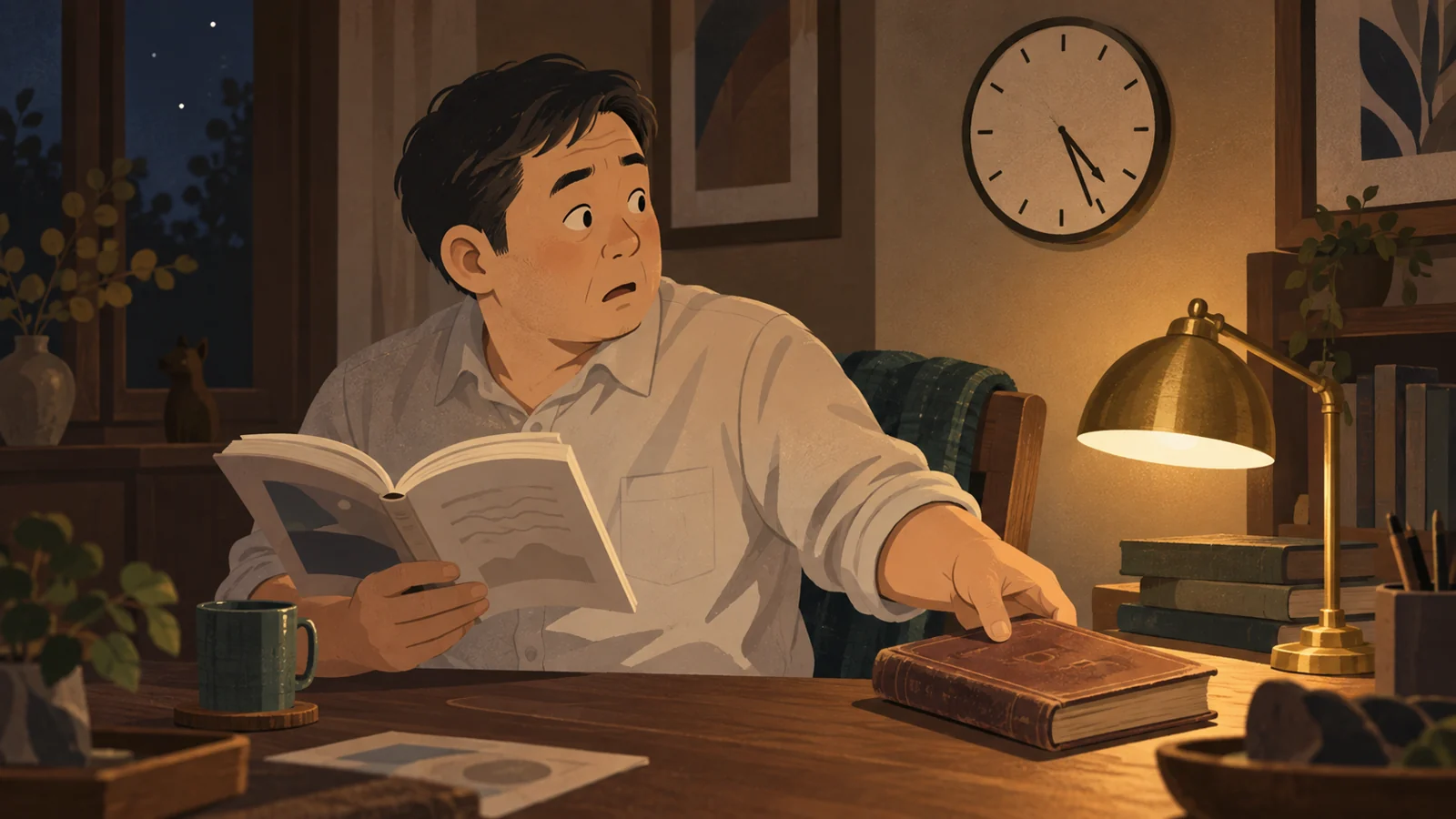楽しくて読みふけった本から、慌てて別の本に持ち替える様子