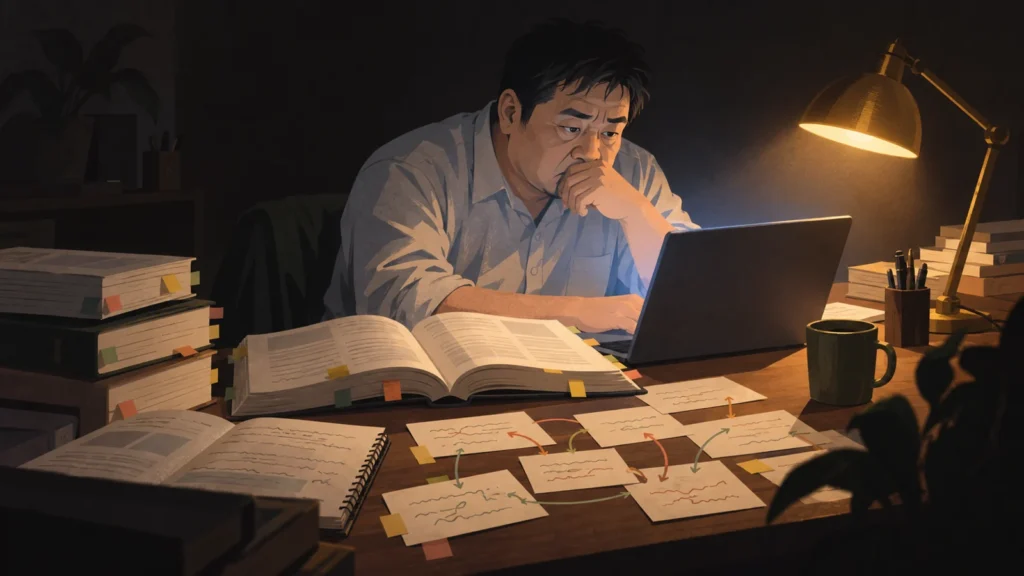 深夜、条文だらけの参考書に囲まれて勉強する男性
