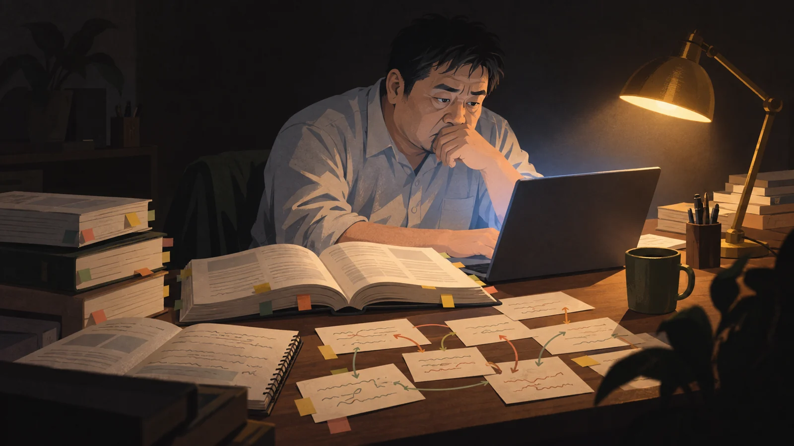 深夜、条文だらけの参考書に囲まれて勉強する男性
