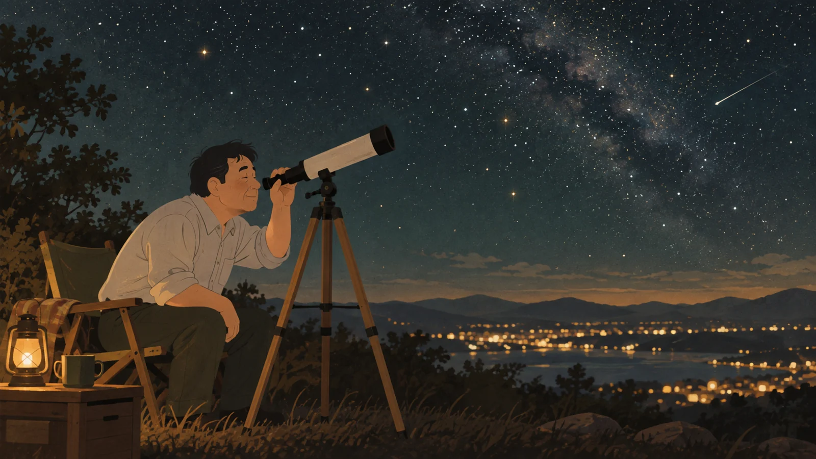 夜空を望遠鏡でのぞむ、リラックスした様子の男性