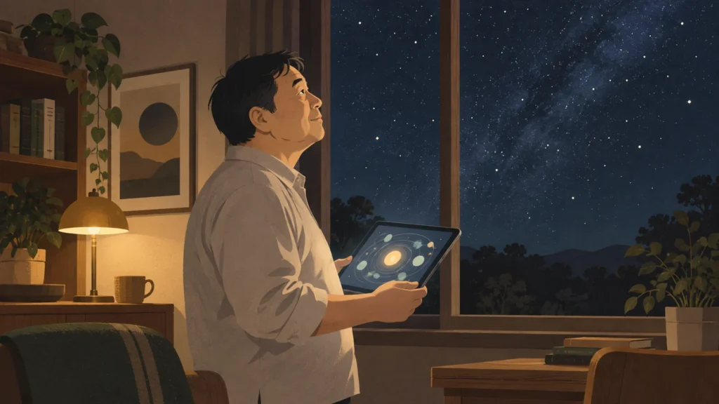 星空を見上げながら惑星の図を眺める男性