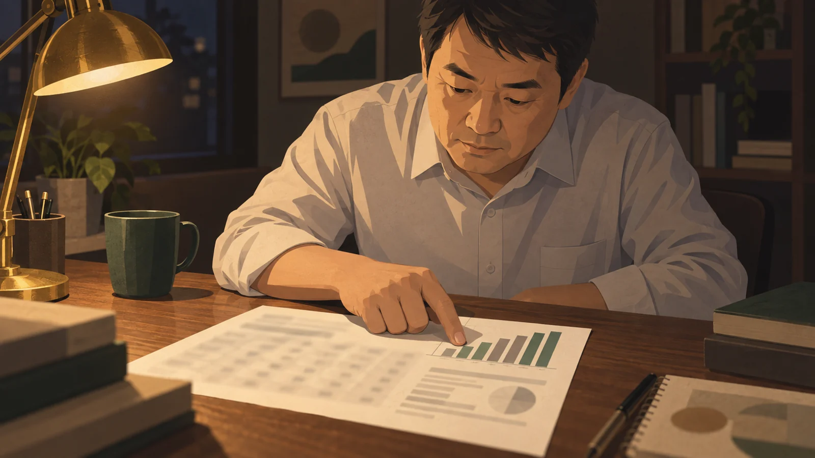 模試の結果表で偏差値のグラフだけを確認する男性