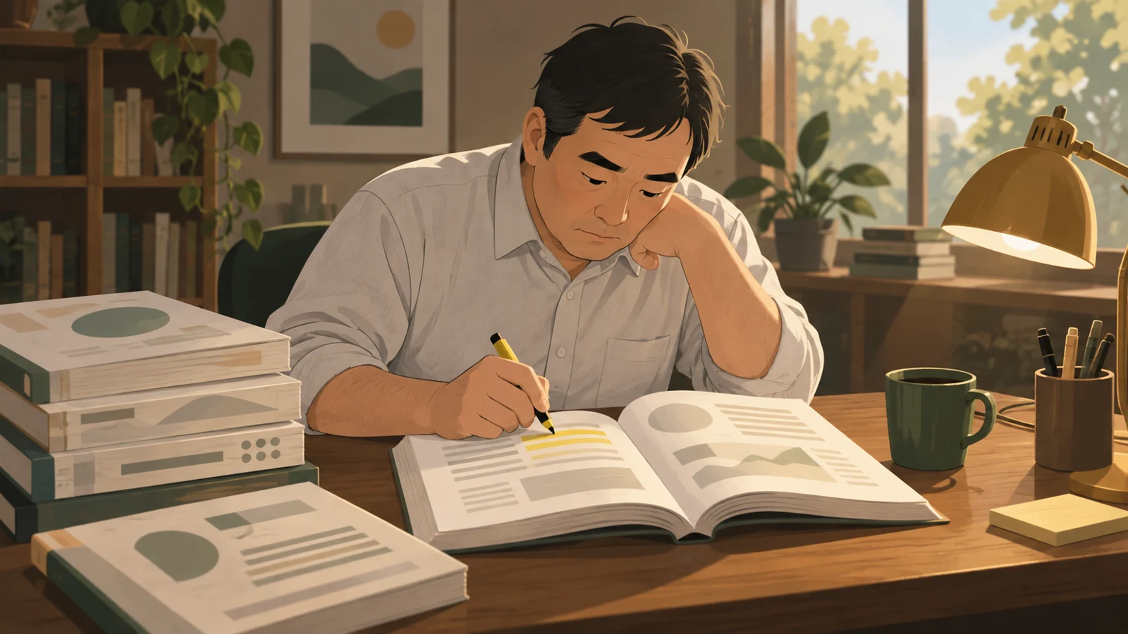 テキストの太字部分にマーカーを引きながら読む男性