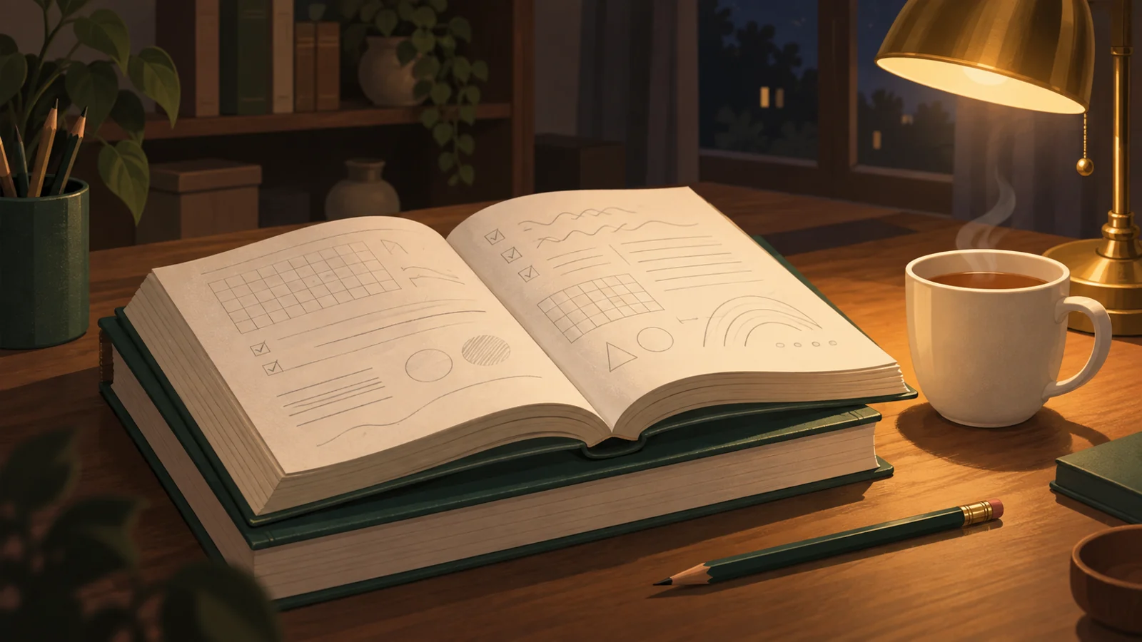 夜、2冊の問題集を並べて勉強机に置いている様子