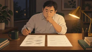 線だらけの答案と印だけの答案を見比べる男性