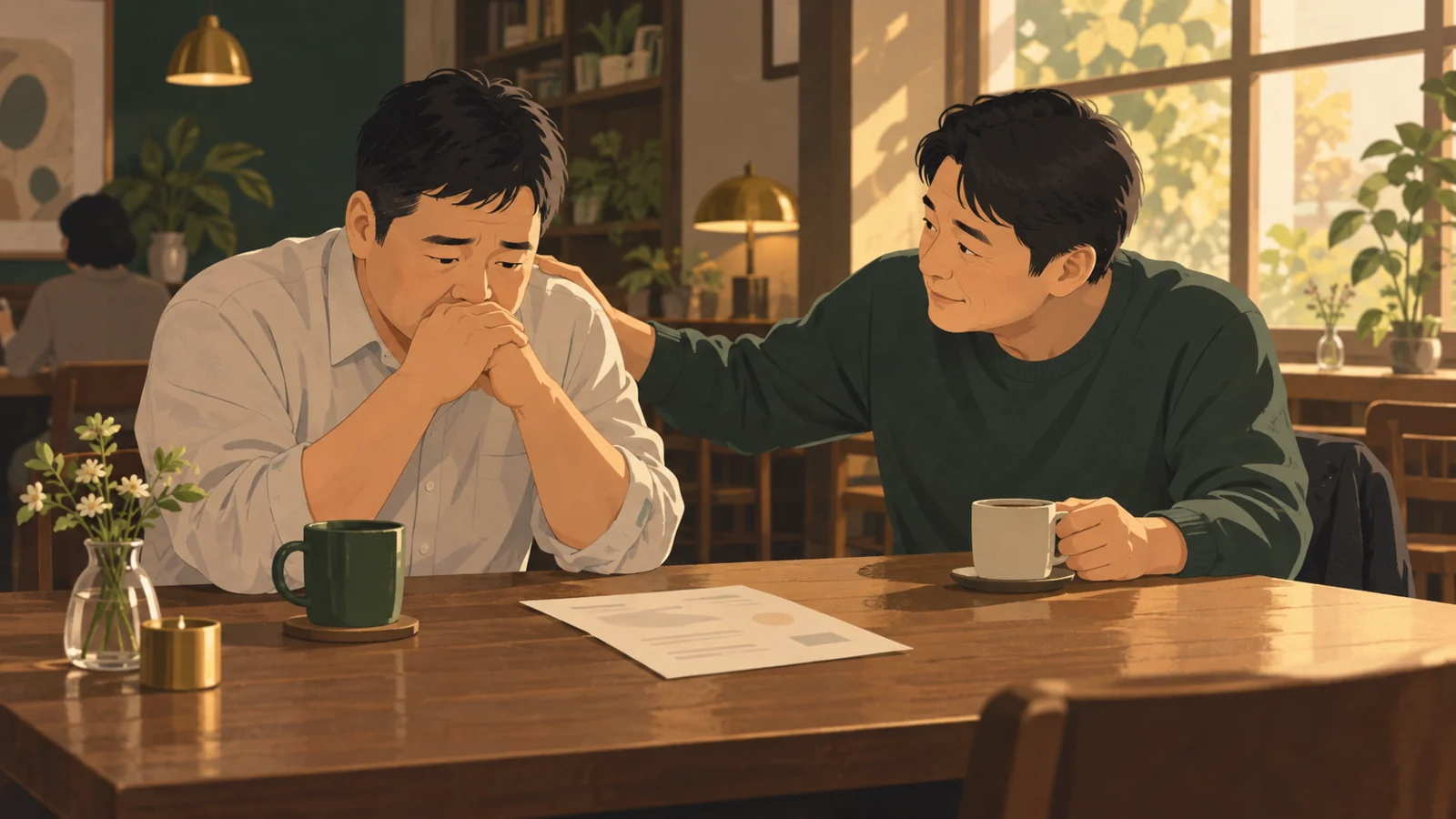 カフェで不合格の結果を前に慰められる男性