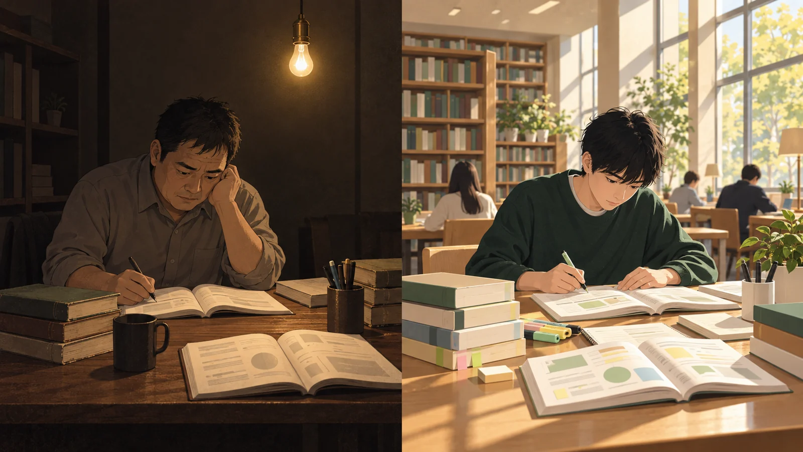 自宅と大学図書館という対照的な勉強環境