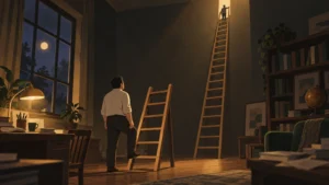 高さの違う二つのはしごを見比べる男性