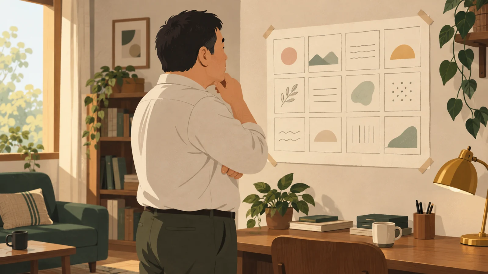壁に貼った大まかな月間計画表を眺める男性