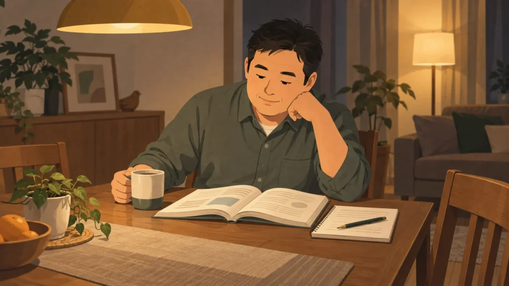 ふだん通りの食卓で、淡々とテキストを開く男性