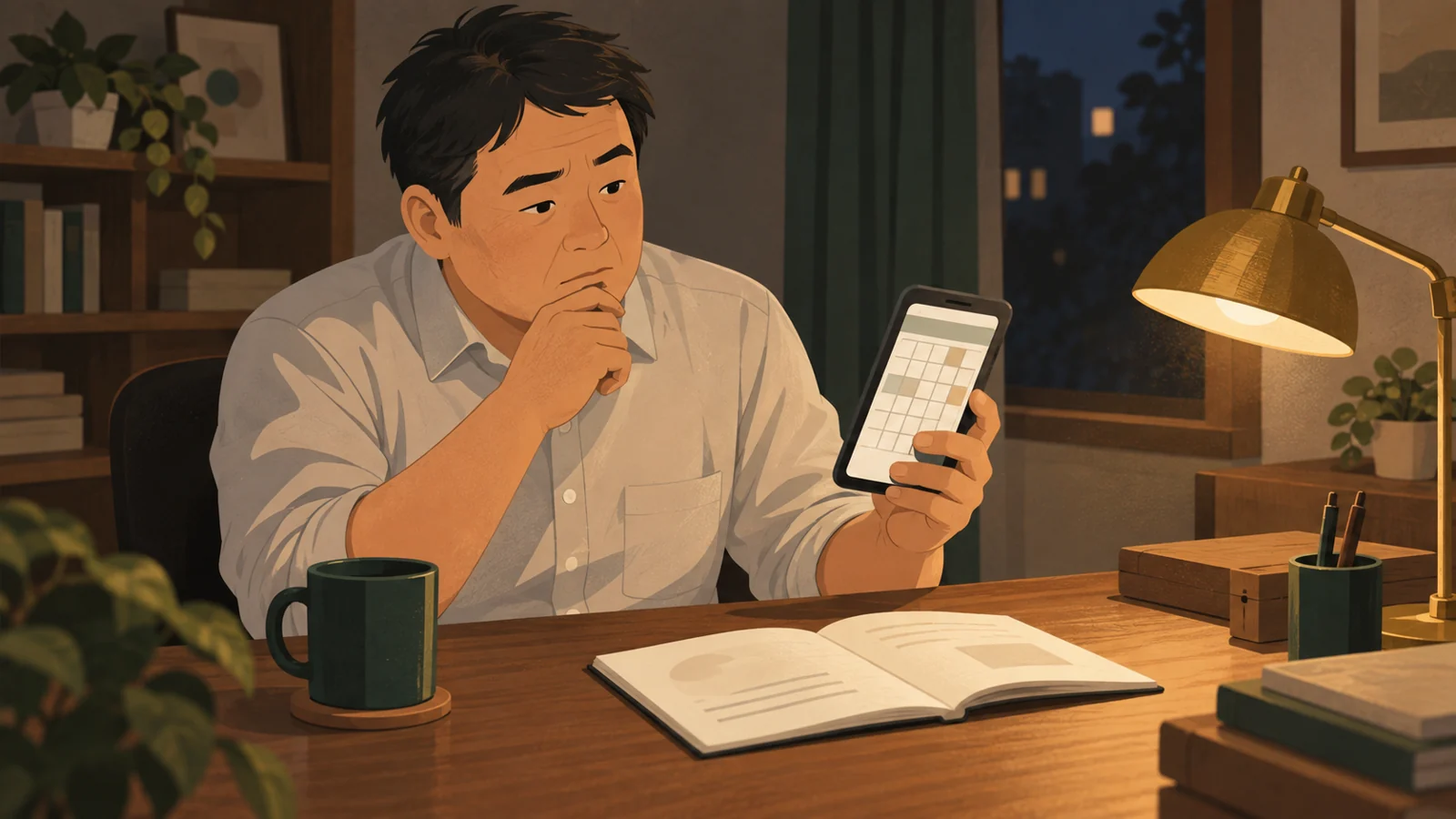 スマートフォンのカレンダーを見ながら模試の予定を考える男性