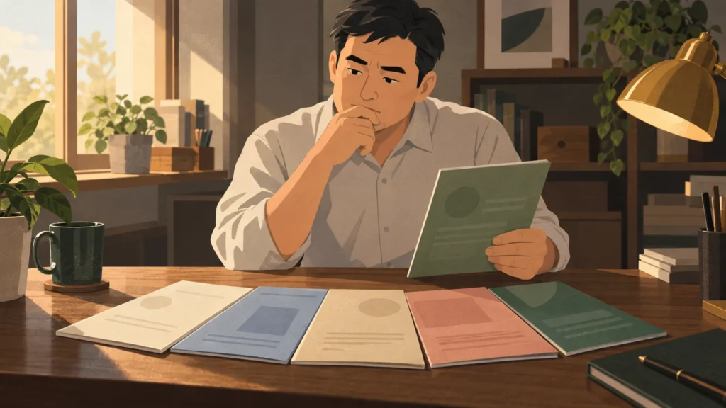 色違いの模試冊子を並べて見比べる男性