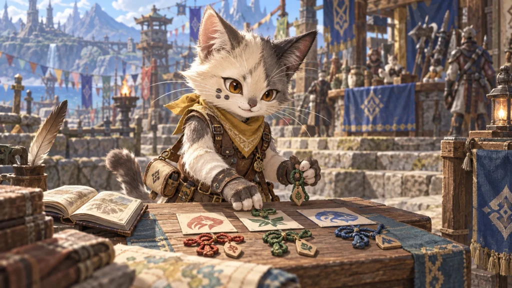 猫の相棒が机の上で色分けされた暗記札と小さな学習道具を並べるオリジナルイラスト