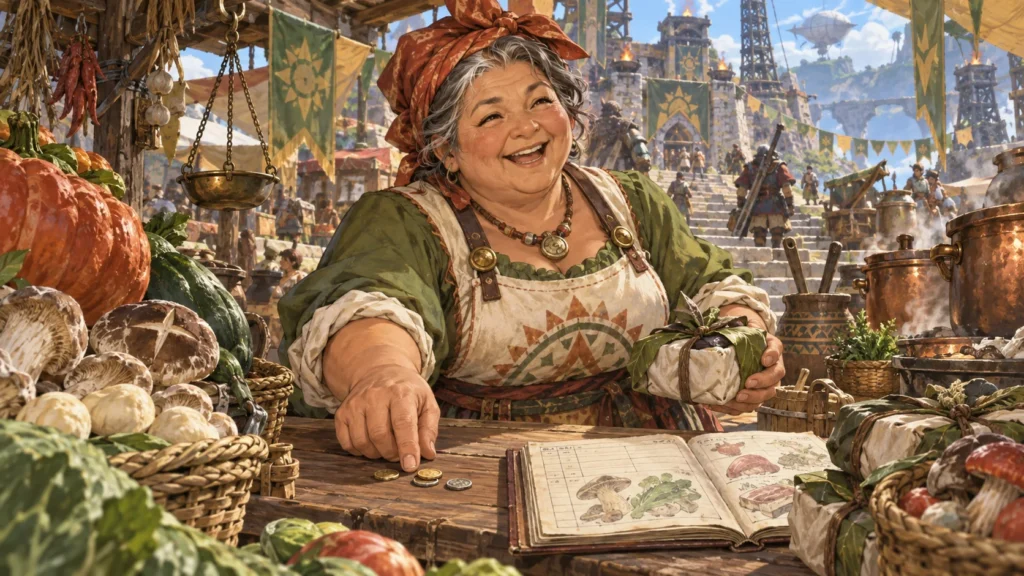 食材屋のおばさんが、野菜の並ぶ屋台で帳簿と小銭を確かめるオリジナルイラスト